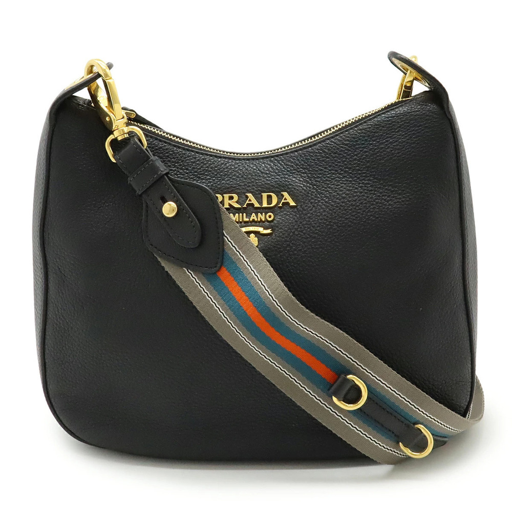 Prada Vitello Phoenix Shoulder Bag Striped Leather NERO Black